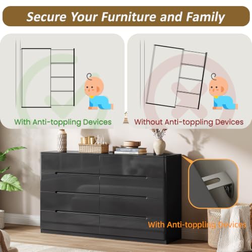 Image of Black Dresser for Bedroom, 47.2 inch Wide 8 Drawer Dresser, Modern High Gloss Dresser Chest of Drawers, Wooden Dressers Organizer for Bedroom, Closet