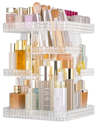 HEMTROY Rotating Makeup Organizer with Makeup Brush Holder, Large Capacity Perfume Organizer for Vanity Countertop, Acrylic Skincare Organizers Spinning Holder Storage Rack (Clear)