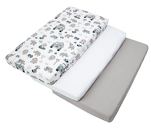 Medi Partners Sabana Bajera Cuna 60x120 Set de 3-100% Algodon Sabanas de Algodón Bebe Ropa de Cama para Bebés Dormir Cuna Fitted Bed Sheet Protector (Menta Zoo-Blanco-Gris)