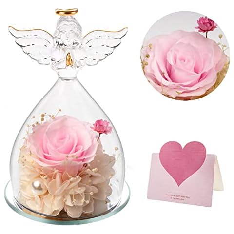 SHOKUTO Birthday Gifts for Mum Grandma Women,Preserved Real Rose Flower in Glass Angel Figurines,Thank you Gifts for Her Wife Girlfriend Sister on Christmas Anniversary Valentine Wedding Mother's Day Cover