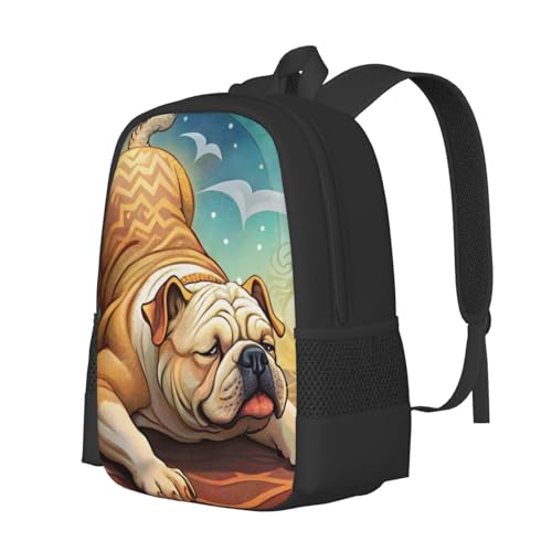 Large Capacity Bulldog Stretching Enchanting Dog Art Backpack Multipurpose Bag Zipper Backpack Unisex 17 in2