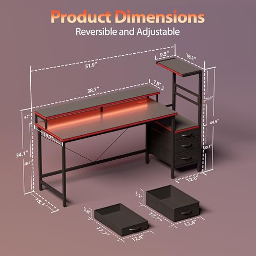 Image of Mericonia 52 inch Gaming Desk with Drawers, Reversible Computer Desk, Black | Gamer Desk with LED Lights, Power Outlets & Monitor Stand, Large Office Table for Home Bedroom Study Work Writing