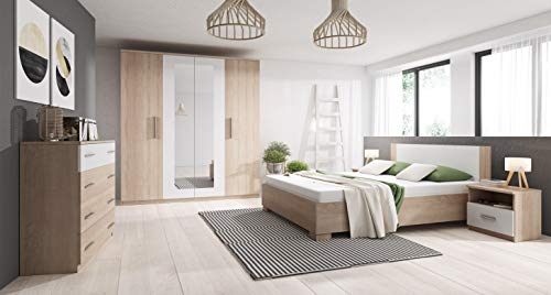 Chambre à Coucher complète Marco Bois et Blanc avec lit 160x200, Commode et 2 chevets