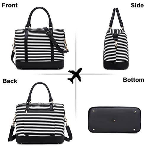 CAMTOP Women Ladies Weekender Travel Bag Canvas Overnight Carry-on Duffel Tote Luggage (Stripe -Black)