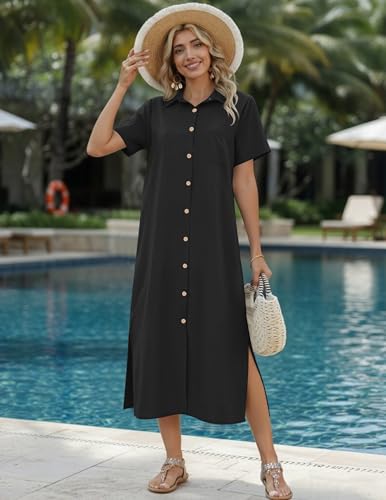 Image of HOTOUCH Womens Dress Summer Casual Midi Short Sleeve Button Down Shirt Dresses Loose Beach Cover Up with Pockets