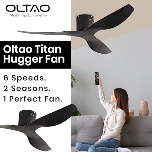 Image of oltao Titan Hugger Fan with Lights, 6 Speeds DC Reversible, Modern Low Profile Ceiling Fans for Bedroom, Living Room and Garage (Black)