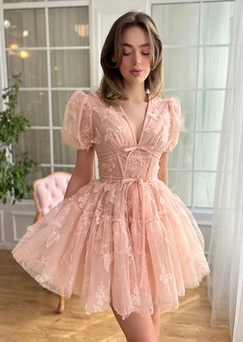 Tulle 3D Butterfly Homecoming Dresses Short with Sleeve V Neck Embroidered Cocktail Party Gowns3