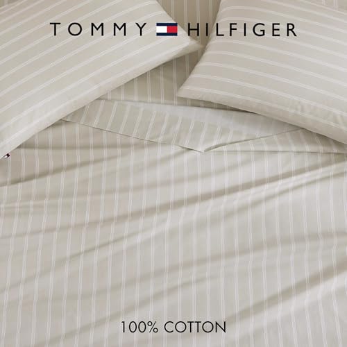 Image of Tommy Hilfiger - Queen Bed Sheets, Crisp & Cool Cotton Percale Bedding with Matching Pillowcases, Lightweight Bed Set, Oeko-Tex Certified (Effortless Stripe Beige)