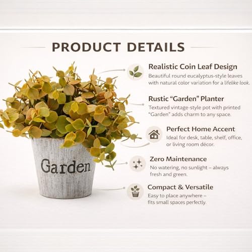 Image of Garden Art Artificial Coin Leaf Eucalyptus Bush in inchGarden inch Planter - Decorative Faux Plant for Desk, Shelf, Table & Office Decoration | Realistic Greenery Home Decor Plant (P-0226Golden)