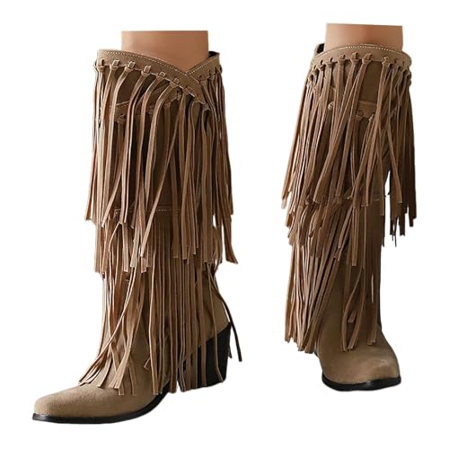 Womens Fringe Western Boots Fashion Square Toe Chunky Low Heel Heel Knee High Cowboy Tassel Boots2