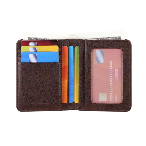 Bifold Slim Men Wallet Genuine Leather Thin, Small Vertical RFID Blocking Wallets for Men ，Compact & Stylish with Clear ID Windows (Coffee)4