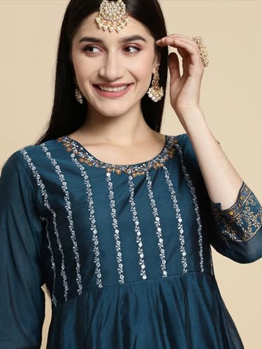 Image of rangita Women's Chanderi Relaxed Fit Anarkali Calf Length Embroidered Kurti | Kurta