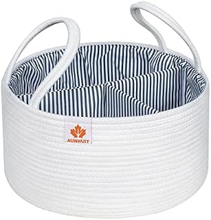 Large Baby Diaper Caddy Organizer Woven Cotton Rope Basket Round 15"X7.4" Nursery Storage Bin Portable ChangingTable/Car Travel Tote Bag Removable Inserts Newborn Registry Boy Girl Shower Basket