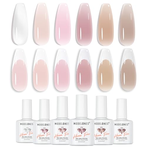 modelones Jelly Gel Nail Polish Set French Tip Base Color Gel Polish Milky White Nude Pink Neutral Sheer Translucent Hema Free 6 Colors Gel Nail Kit Soak Off UV Spring DIY Manicure Gift Women