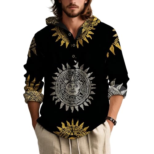 Western Sweatshirts for Men Vintage Ethnic Aztec Print Hoodies 2025 Fashion Quarter Button Up Hooded Shirts