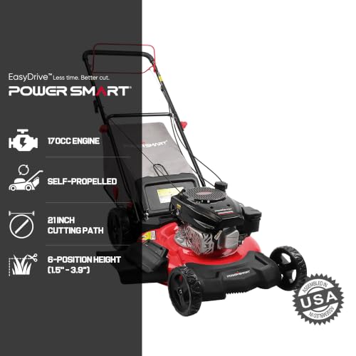 Image of PowerSmart 21-Inch Self Propelled Gas Lawn Mower, 170cc OHV Engine, Rear-Wheel Drive, Steel Deck, 3-in-1 Walk-Behind Mower