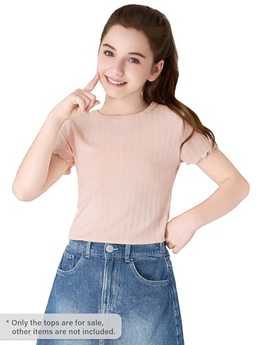 Girls Short Sleeve Shirts Pointelle Knit Lettuce Trim Tee Shirt Tops - Little Girl Light Pink Blouse Size 6-164