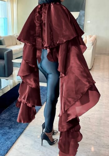 Lucuna Women's Sexy Satin Ruffle Shawl Wraps Pull On Asymmetrical Swing Flowy Trendy Smocked Cape Poncho Shirt4