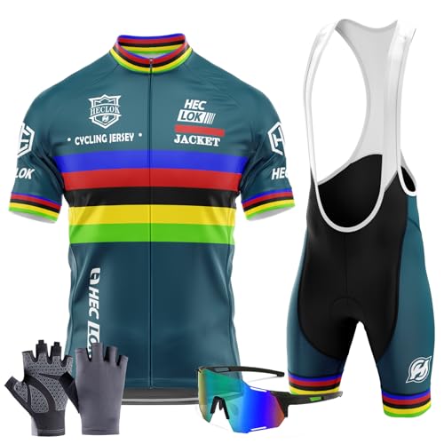 Traje Ciclismo Hombre Verano Conjunto Bicicleta Ropa MTB Maillot Bici Manga Corta＋Pantalones Cortos 9D Gel Acolchado Maillot para MTB+Incluye Guantes y Gafas de Ciclismo (TYP 6,XL)