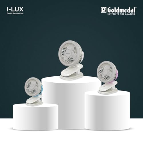 Image of Goldmedal I-Lux 100 mm Portable Desk Mounted Clip Fan| Multi-Clip Function| Type-C USB-Powered Rechargeable Battery with 6-7 Hours Backup| Bright Light | Personal Fan for Home & Office (White)