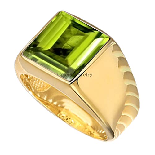 18K Yellow Gold Plated Solid 925 Sterling Silver Ring for Men, Natural Peridot Gemstone Signet Ring, Unique Handcrafted August Birthstone Ring