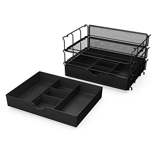 CAXXA 2 PK Desk Drawer Organizer - Black + Stackable 3 Trays Letter Trays - Black