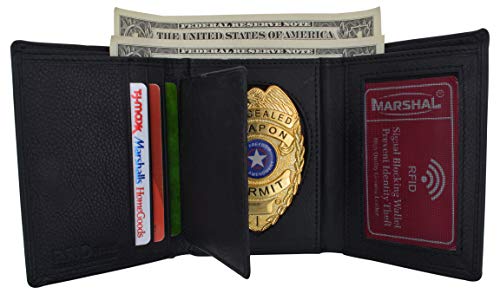 RFID Blocking Genuine Leather Trifold Badge Holder Wallet Black, Police Badge Holder