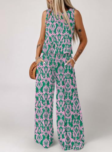 Image of Dokotoo Pants Sets Women 2 Piece Outfits Sleeveless Round Neck Tank Tops Matching Sets for Women Elastic Waist Wide Leg
