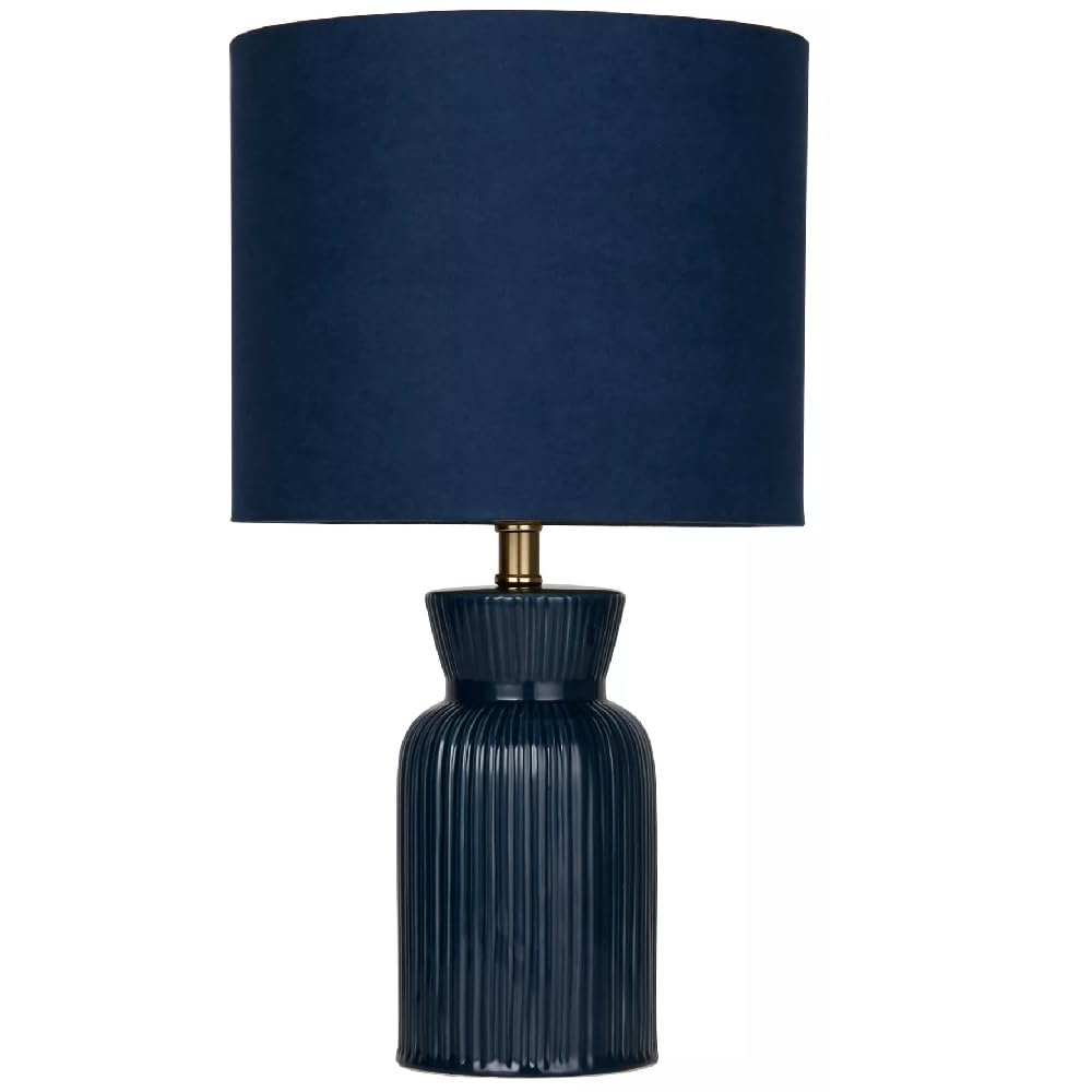 Britalia Navy Blue Ribbed Ceramic Vintage Table Lamp With Velvet Drum Shade, Ses E14, 38Cm