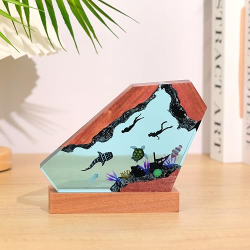 Image of Drawelry Ocean Creative Epoxy Resin Wood Light Lamp, Handmade Multi Color Aquatic Ocean Lamp Deep Sea Cave Diving Enthusiasts Led Night Light Desktop Decor Birthday Gift (Ocean World, M)