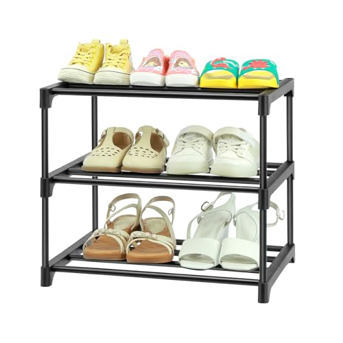 3-Tier Small Shoe Racks, Narrow Shoe Rack for 6-8 Pairs Shoe Storage,Kids Shoe Racks for Small Place,Lightweight Stackable Shoe Shelf Organizer for Closet,Black