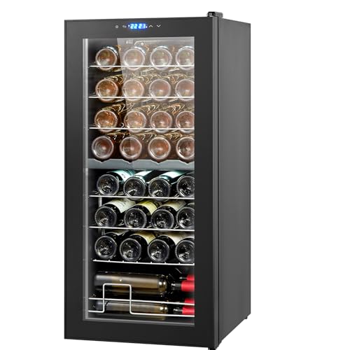 Happybuy 32-Bottle Wine Cooler - Dual Zone, Dual Temp, Freestanding, Digital Control, UV-Protected Tempered Glass Door for Home Bar