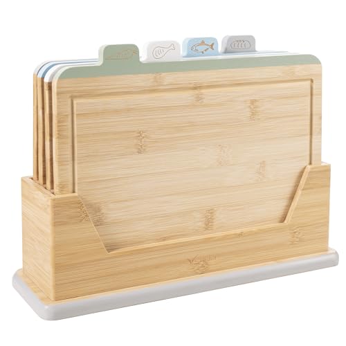 Vencier 4-Piece Bamboo Chopping Board Set with Storage Stand Colour-Coded Food Prep Boards for Meat Fish Vegetables & Bread Durable Hygienic & Non-Slip Kitchen Cutting Boards