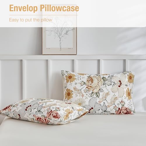 Image of Lekesky Queen Duvet Cover Set, Reversible Vintage Flowers Print Comforter Cover Queen Size 3pc, Soft 100% Washed Microfiber Breathable Bedding Sets with Zipper Ties and 2 Pillowcases