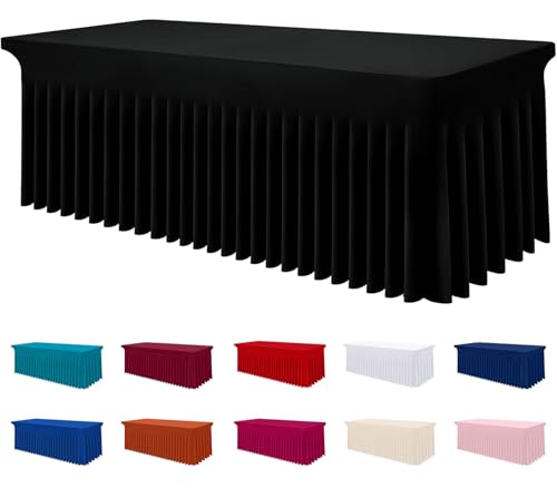 Image of Smiry Spandex Elastic Fitted Table Cloth Skirt for 8FT Rectangle Table | Stretch Washable Table Cloth, Banquet Table Cover for Wedding, Party, Indoor & Trade Shows, (Black, 96Lx30Wx30H)