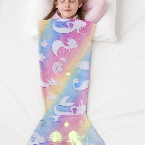 RecontraMago Manta Cola de Sirena Brilla Oscuridad para Niñas – Manta Infantil Suave y Calentita con Diseño Arcoíris/Sirena Premium Cumpleaños Navidad Reyes Suave para Sofá y Cama (Sirenita)