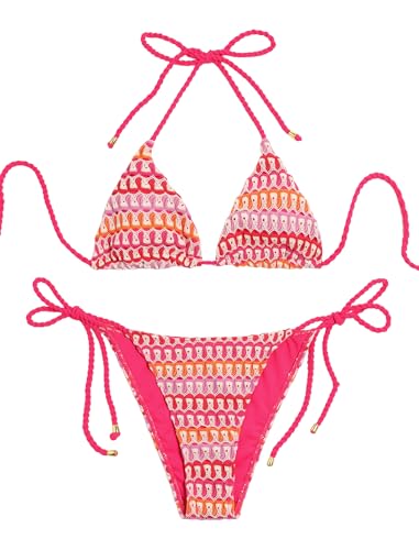 Image of ZAFUL 2 Piece Triangle Bikini for Women Knitted Rope Halter Bikini Sets Sexy Bathing Suit Side Tie Swimsuits Beachwear