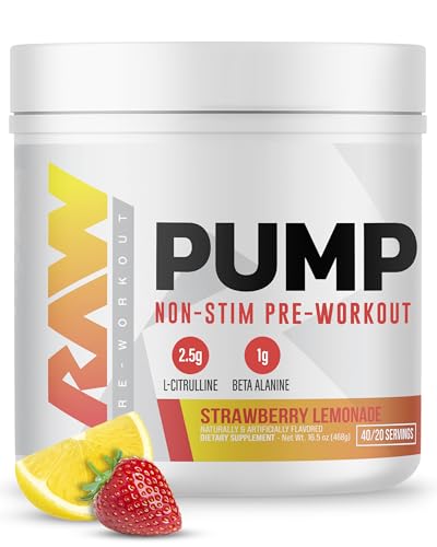 RAW Pump Stim Free Pre Workout (Strawberry Lemonade) - Non-Stimulant Pre Workout Supplement Powder Nitric Oxide Booster - Pre Workout Supplements Drink for During Workout - 40 Servings
