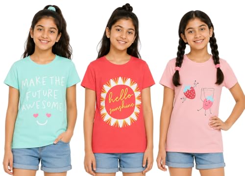 Image of Clotth Theory Girls Super Combed Cotton Regular Fit Round Neck Printed Short Sleeve Tshirt -Combo Pack of 3