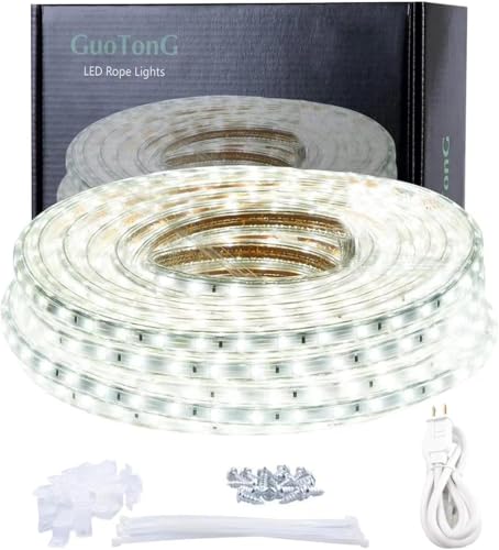GUOTONG 20ft LED Light Strip Kit, Waterproof 6000K Daylight White, 110V, Flexible SMD 2835 LEDs, UL-Listed Power Supply – Ideal for Indoor/Outdoor Deck, Patio, Christmas & Camping Decor