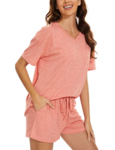LOCUBE Women's Pajama Set Short Sleeve V-Neck & Pocketed Drawstring Shorts, Comfy Summer Lounge Set, S-XXL2