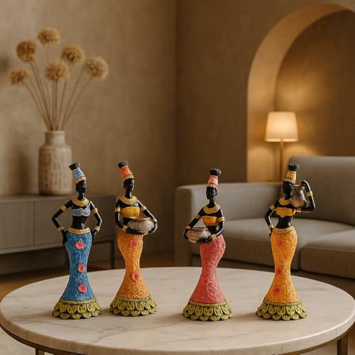 Image of Xtore Vibrant African Women Figurines | Resin Home Decor Accents | Set of 4 Colorful Cultural Statues | Unique Art Pieces for Living Room, Office, or Gift | Traditional and Modern Design