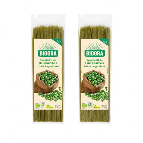 Pack 2 Spaghetti de Legumbres 100% Guisante Bio 250 g, 500 g total, pasta ecológica de harina de guisantes 100%, alternativa vegetal ideal para platos diarios y familia.