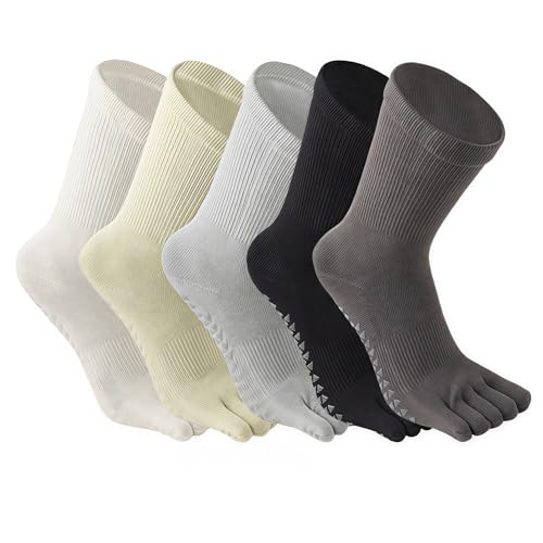 5 Pairs Women's Mid Calf Yoga Socks Non Slip Five Toe Medium Cushion Cotton, Dot Rubber Sole for Pilates, Dance, Barre, Gym Girl's Barefoot Soft Boot Socks