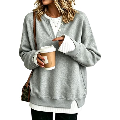 Crew Neck Sweatshirts Women Oversized Fall Faux Layered Henley Sweatshirts - image 2