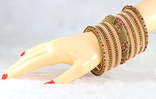 Image of NMII Metal with Zircon Gemstone and Beads Studded Ball Chain Linked Glossy Finished Velvet Bangles Chuda set for Women and Girls