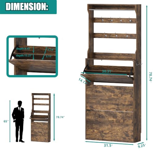 Image of Shoe Cabinet for Entryway with 3 Flip Drawers, Brown Tall Wood Shoe Storage Cabinet with Coat Rack, Narrow Hidden Slim Freestanding Shoe Rack Organizer, 2 in 1 Hall Tree for Living Room, Hallway