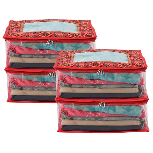 Image of Heart Home Pack of 4 Saree Storage Bag | 6 Inch | Wardrobe for Lehenga-Suit | Garment Clothing Cover | Lightweight-Portable Clothes | Chaudi Lace Printed | Red
