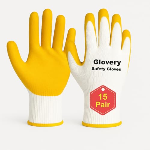 Image of Nylon Safety Work Gloves with Nitrile Coating - Industrial-Grade Protection for Cleaning, Warehouse, Mechanics, Construction - Durable, Flexible, Non-Slip Grip (White & Yellow, 15 Pair)