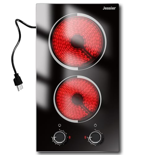 Image of 2 Burner Electric Cooktop - 12 Inch Plug in 110V Electric Cook Top Two Burner, Built-in & Countertop Ceramic Stove Top with Knob Control, 9 Power Levels and Overheat Protection (Silver Knob)